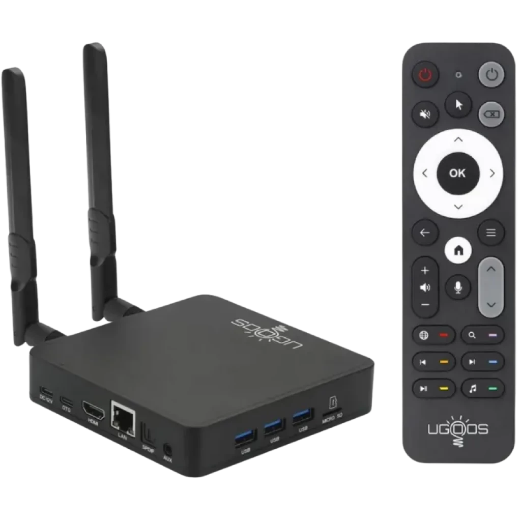 Ugoos AM9 Pro S905X5-J com duas antenas externas, caixa preta compacta com portas USB, LAN e HDMI, acompanhada de controle remoto cheio de atalhos