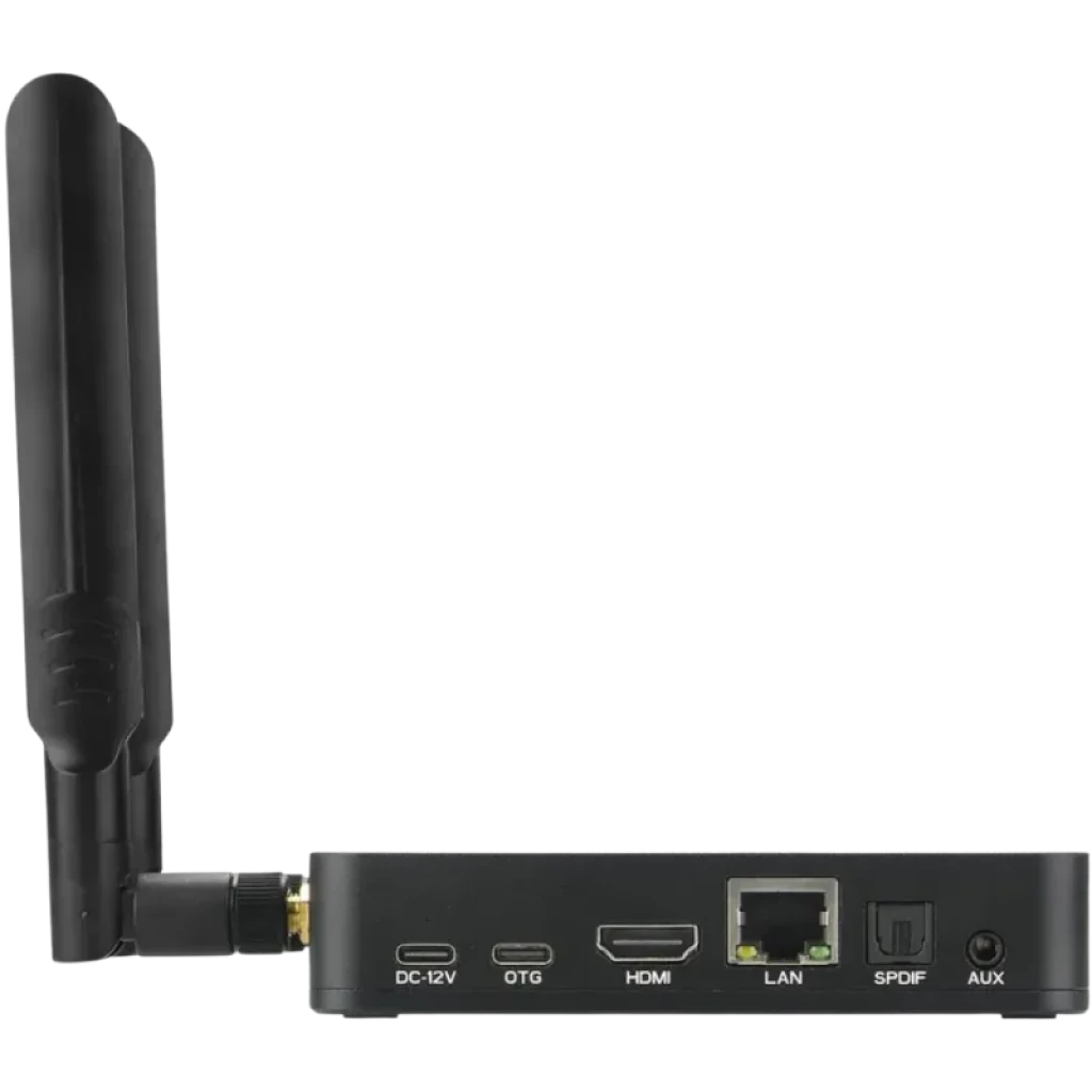 Ugoos AM9 Pro S905X5-J com antena externa e portas DC, OTG, HDMI, LAN, SPDIF e AUX; caixa Android TV compacta 4GB 64GB Android 14