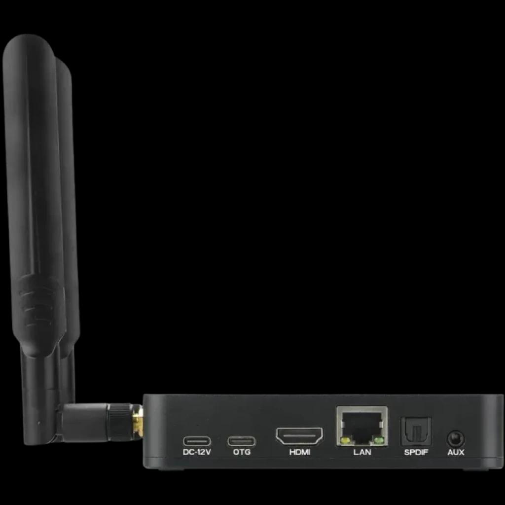 Ugoos AM9 Pro S905X5-J com antena externa e portas DC, OTG, HDMI, LAN, SPDIF e AUX; caixa Android TV compacta 4GB 64GB Android 14