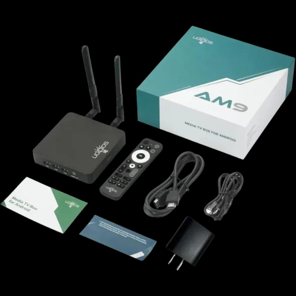 Ugoos AM9 Pro S905X5-J com 2 antenas externas, box preto compacto, controle remoto completo, cabos HDMI e USB, fonte e embalagem AM9 Android 14