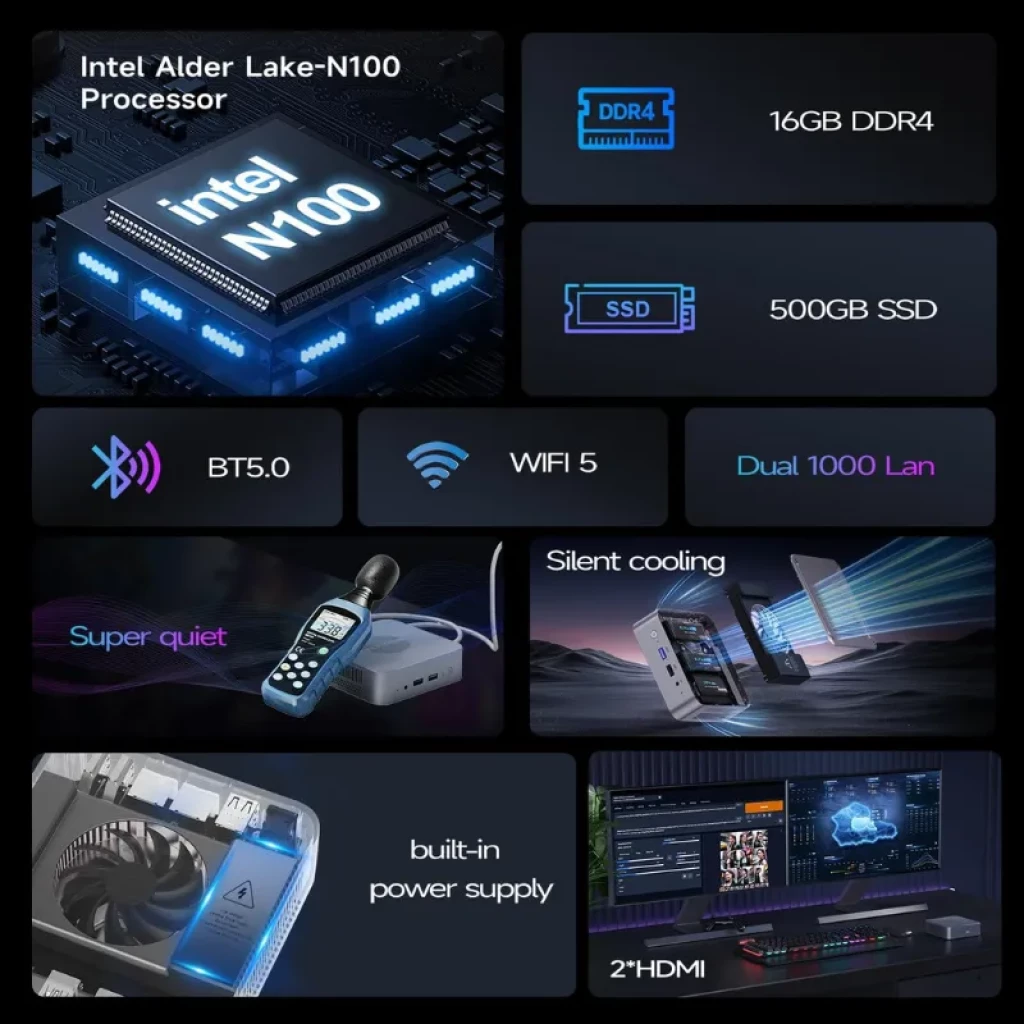Oumax MAX N100 Mini PC con Intel N100, 16GB DDR4, SSD 512GB, WiFi 5, BT 5.0, doble LAN 1000, 2 HDMI, refrigeración silenciosa y fuente integrada