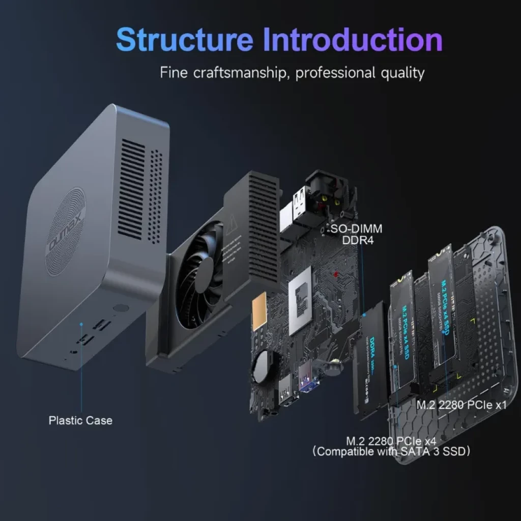 Mini PC Oumax MAX N100 con carcasa compacta gris, puertos frontales USB y audio, ventilador interno, placa con ranuras SO-DIMM DDR4 y M.2 NVMe/SSD