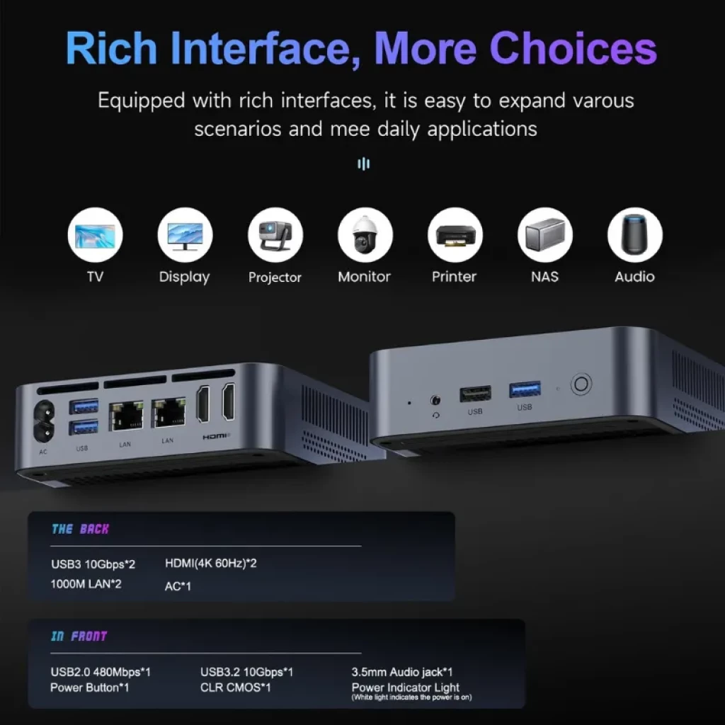 Oumax MAX N100 Mini PC compacto en gris con puertos frontales USB y audio, y traseros HDMI 4K, LAN, USB3, DC y ventilación lateral, ideal para monitores y NAS