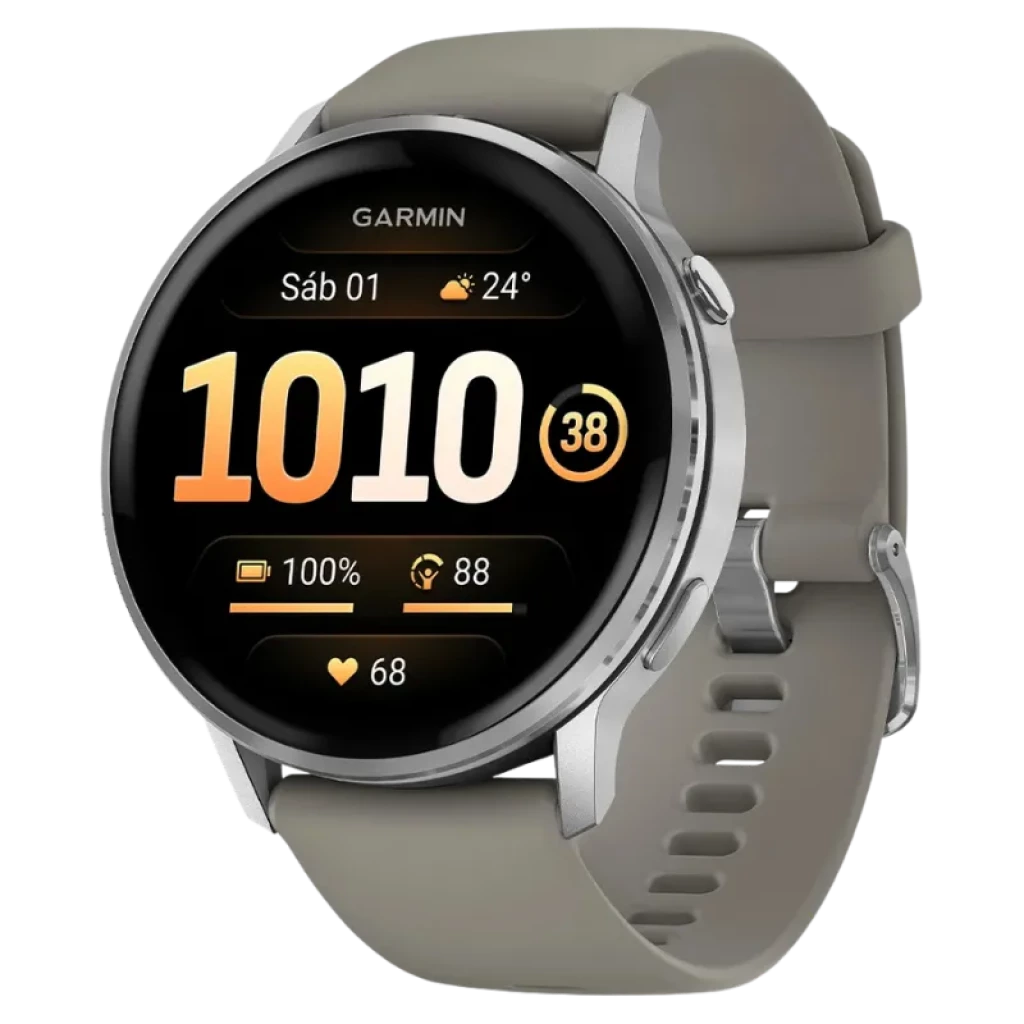 Garmin Venu 4 de 45 mm en plata con correa de silicona gris, pantalla circular AMOLED, bisel metálico, widgets de salud y linterna LED integrada