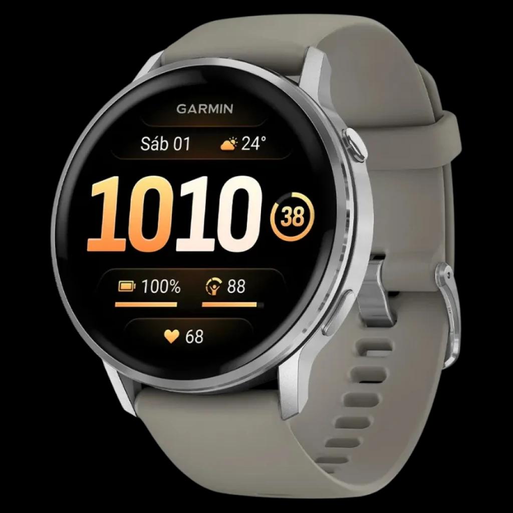 Garmin Venu 4 de 45 mm en plata con correa de silicona gris, pantalla circular AMOLED, bisel metálico, widgets de salud y linterna LED integrada