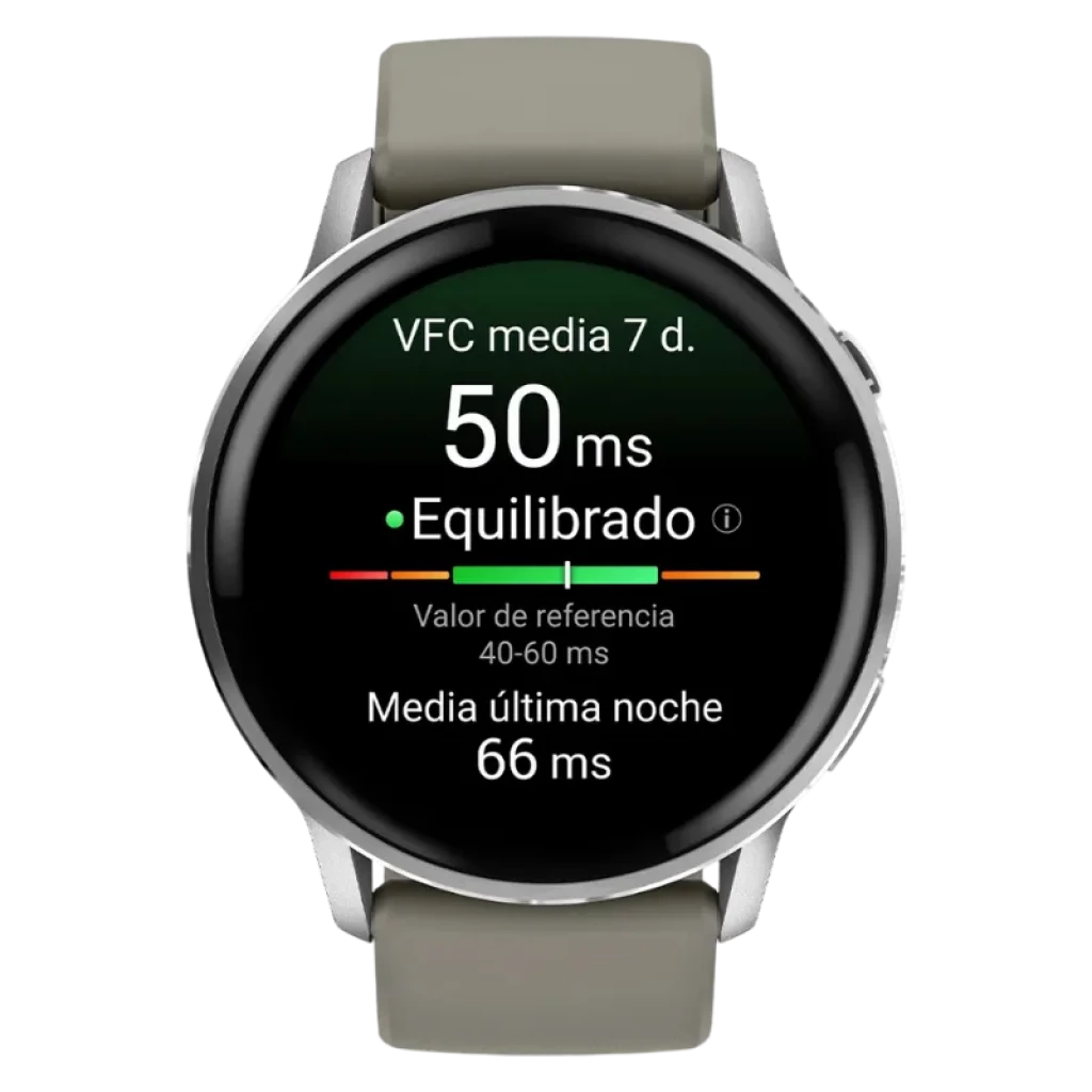 Garmin Venu 4 45 mm plata con pantalla circular AMOLED, bisel metálico y correa de silicona gris; interfaz de salud VFC y linterna LED integrada
