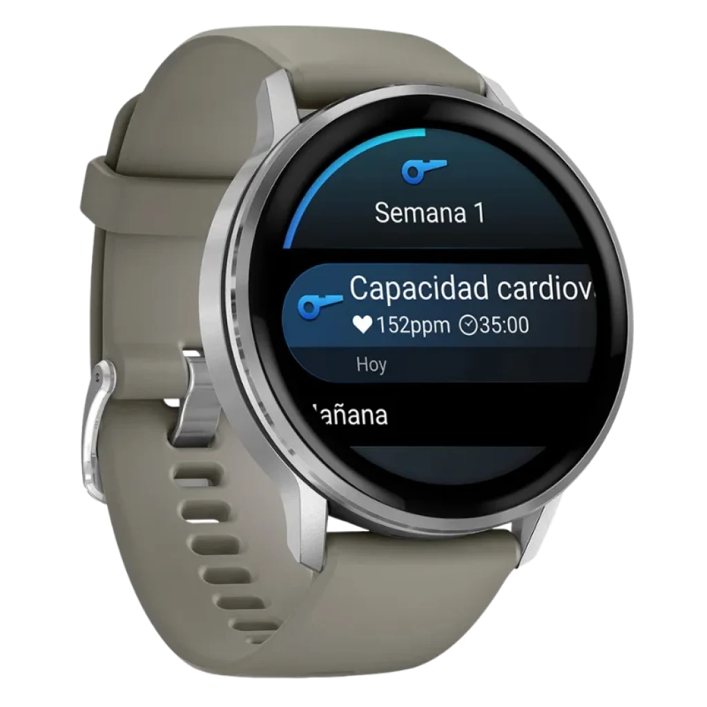 Garmin Venu 4 de 45 mm en plata con correa de silicona gris, pantalla redonda AMOLED, bisel metálico pulido y botones laterales, con linterna LED integrada