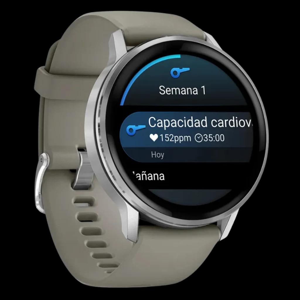 Garmin Venu 4 de 45 mm en plata con correa de silicona gris, pantalla redonda AMOLED, bisel metálico pulido y botones laterales, con linterna LED integrada