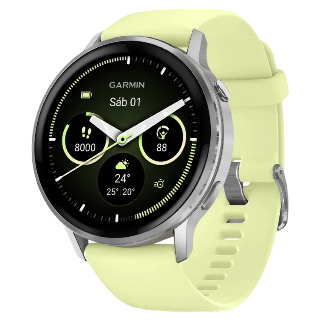 Garmin Venu 4 45 mm plata con bisel metálico y correa de silicona amarilla, pantalla circular AMOLED con widgets de pasos, clima y salud, GPS multibanda