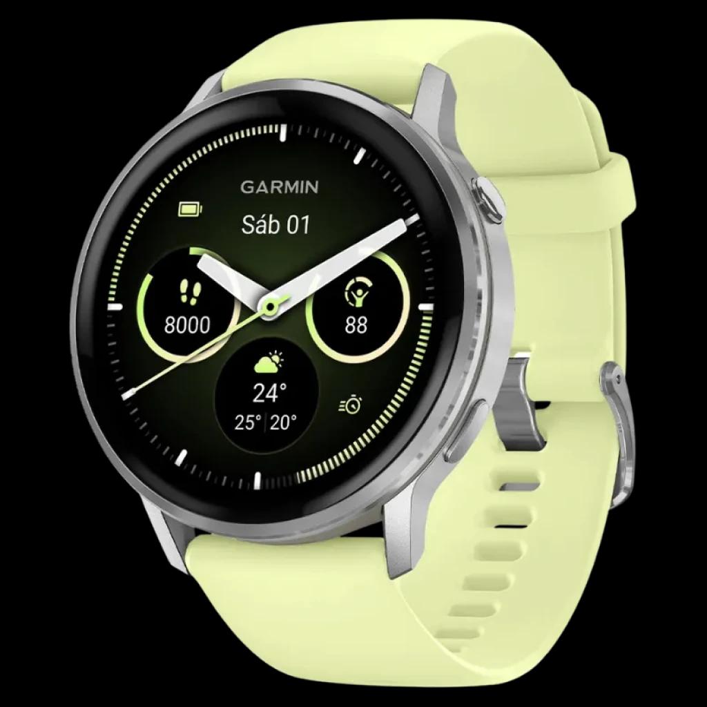 Garmin Venu 4 45 mm plata con bisel metálico y correa de silicona amarilla, pantalla circular AMOLED con widgets de pasos, clima y salud, GPS multibanda