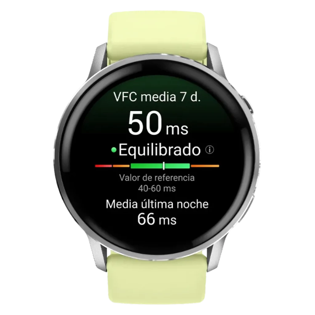 Reloj inteligente Garmin Venu 4 de 45 mm en plata con correa de silicona amarilla, pantalla circular AMOLED negra con métricas de VFC y bordes metálicos