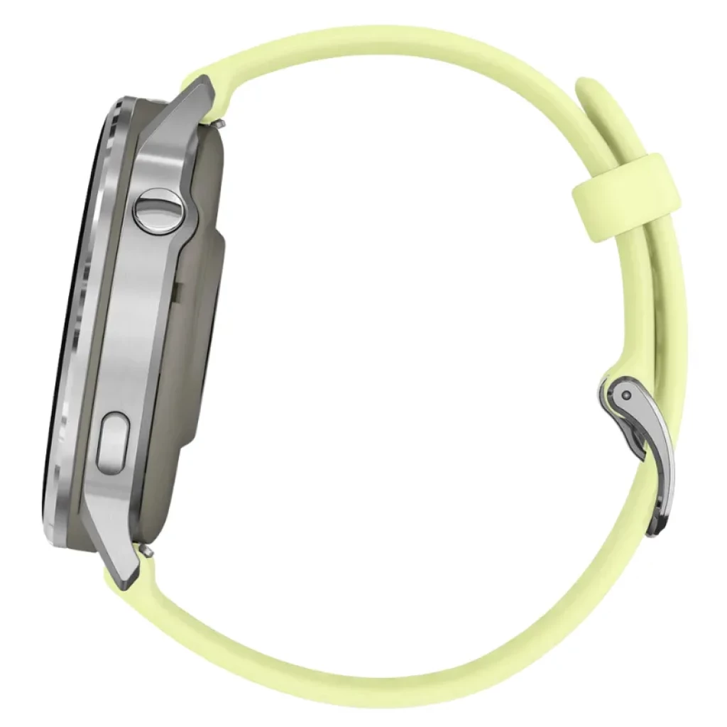 Reloj Garmin Venu 4 45 mm plata con caja metálica delgada y corona lateral, correa de silicona amarilla con hebilla, diseño moderno y deportivo