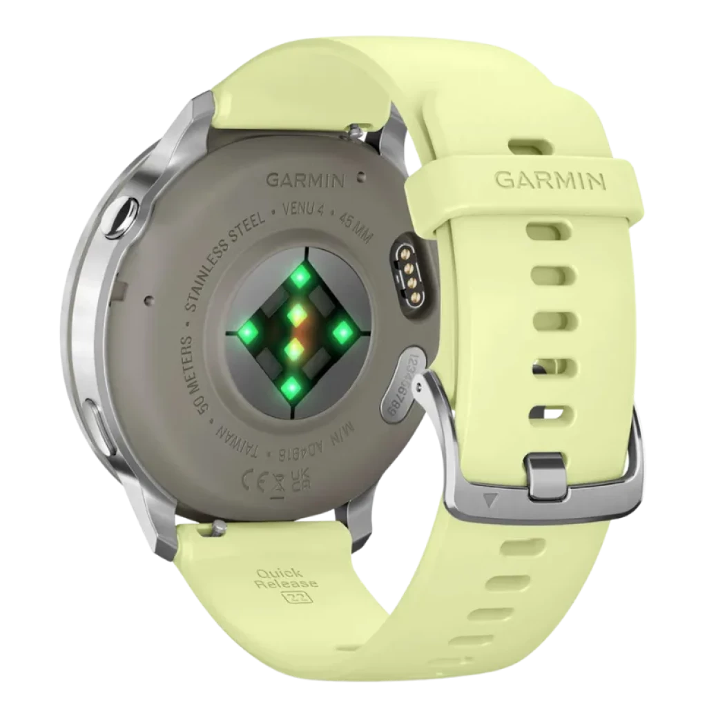 Garmin Venu 4 45 mm plata con correa de silicona amarilla, hebilla metálica, sensores verdes en la trasera y cierre Quick Release 22 para cambio rápido