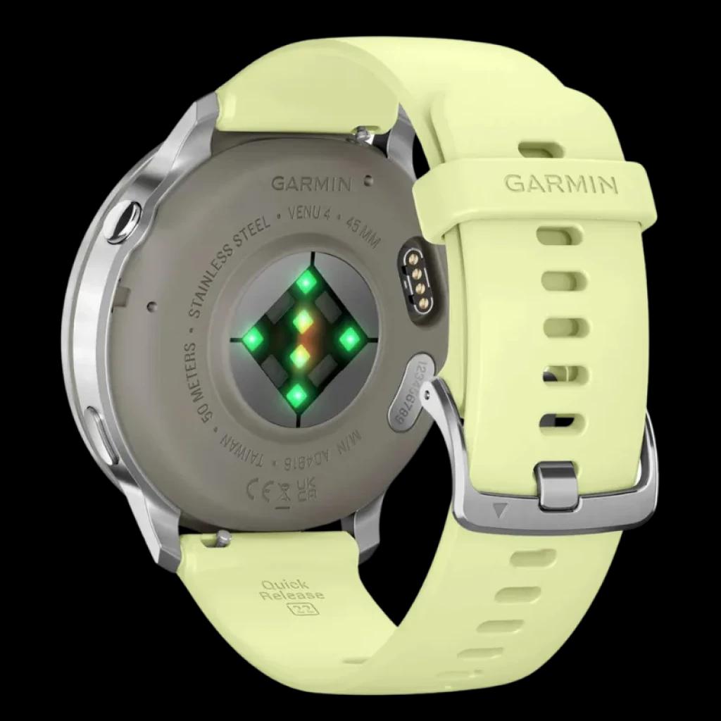 Garmin Venu 4 45 mm plata con correa de silicona amarilla, hebilla metálica, sensores verdes en la trasera y cierre Quick Release 22 para cambio rápido
