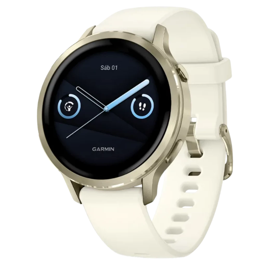 Garmin Venu 4 de 41 mm en dorado con correa de silicona blanca, pantalla AMOLED de 1,2 pulgadas, bisel metálico y diseño elegante y minimalista