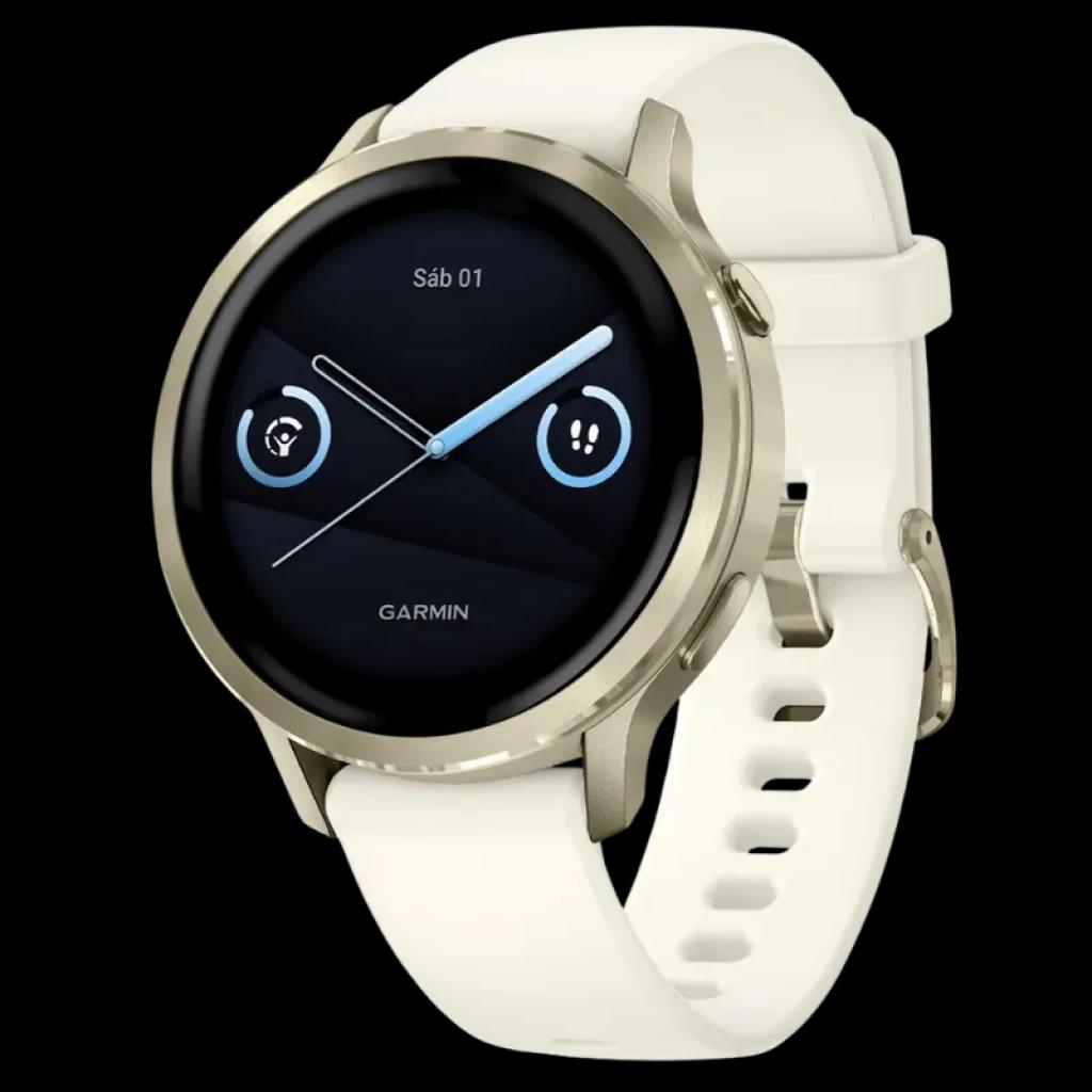 Garmin Venu 4 de 41 mm en dorado con correa de silicona blanca, pantalla AMOLED de 1,2 pulgadas, bisel metálico y diseño elegante y minimalista