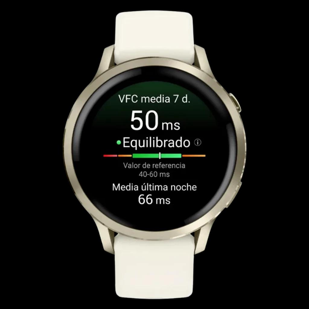 Garmin Venu 4 41 mm dorado con correa de silicona blanca y pantalla AMOLED 1,2 pulgadas; bisel metálico y esfera negra con métricas de salud visibles