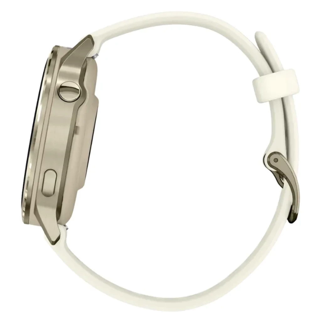 Perfil lateral del Garmin Venu 4 41 mm en dorado, caja metálica delgada, botón lateral, correa de silicona blanca con hebilla metálica, diseño elegante