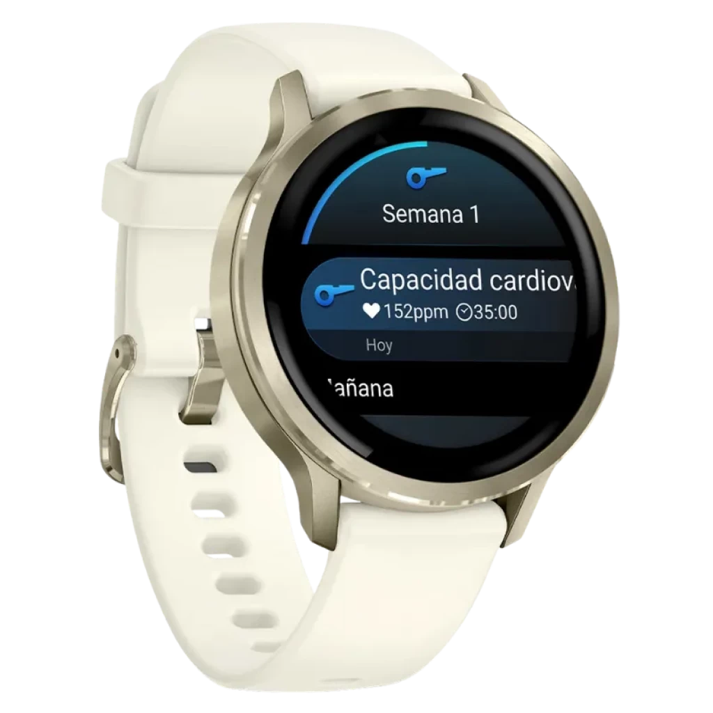 Garmin Venu 4 41 mm dorado con correa de silicona blanca, pantalla AMOLED 1,2 pulgadas, bisel metálico y widget de capacidad cardiov. en pantalla