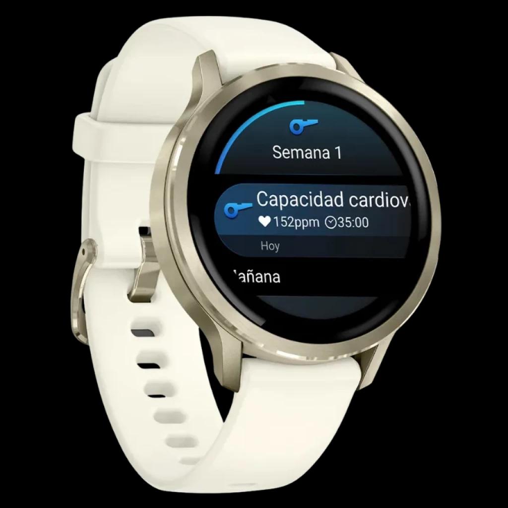 Garmin Venu 4 41 mm dorado con correa de silicona blanca, pantalla AMOLED 1,2 pulgadas, bisel metálico y widget de capacidad cardiov. en pantalla