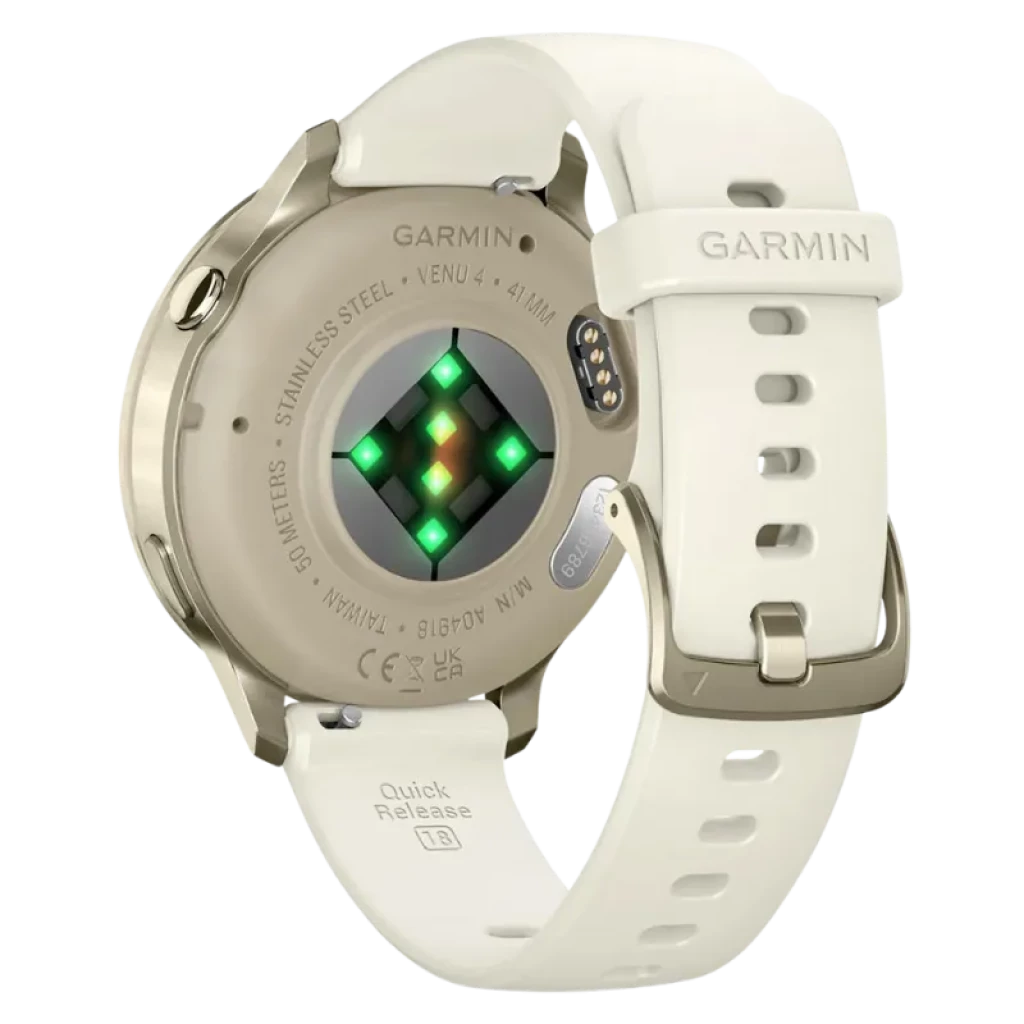 Garmin Venu 4 41 mm dorado con correa de silicona blanca, hebilla metálica y sensores verdes traseros; caja acero inoxidable, pantalla AMOLED 1,2 pulgadas