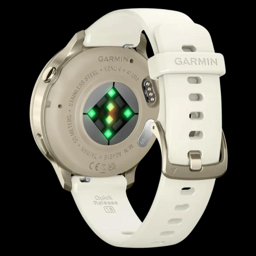 Garmin Venu 4 41 mm dorado con correa de silicona blanca, hebilla metálica y sensores verdes traseros; caja acero inoxidable, pantalla AMOLED 1,2 pulgadas