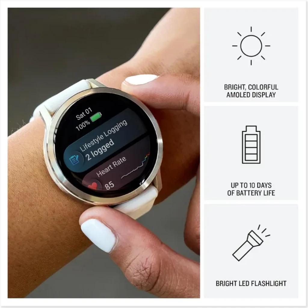 Garmin Venu 4 41 mm dorado con correa de silicona blanca, pantalla AMOLED 1,2 pulgadas, bisel metálico, interfaz a color y linterna LED brillante
