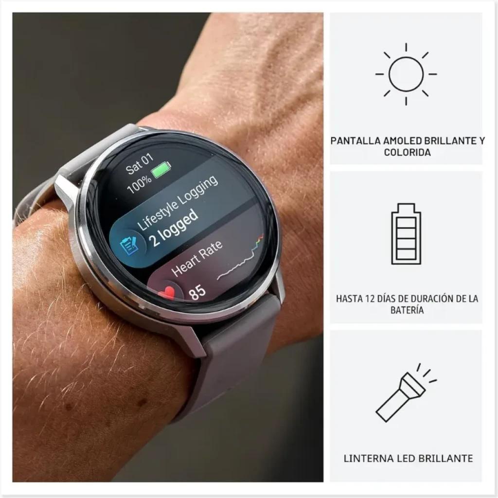 Garmin Venu 4 41 mm dorado con correa de silicona blanca, pantalla AMOLED 1,2 pulgadas, bisel metálico, linterna LED y diseño elegante en la muñeca