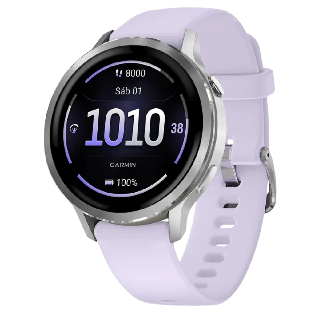 Reloj inteligente Garmin Venu 4 de 41 mm en plata con correa de silicona lila, pantalla circular con indicadores de pasos, fecha y batería de hasta 10 días