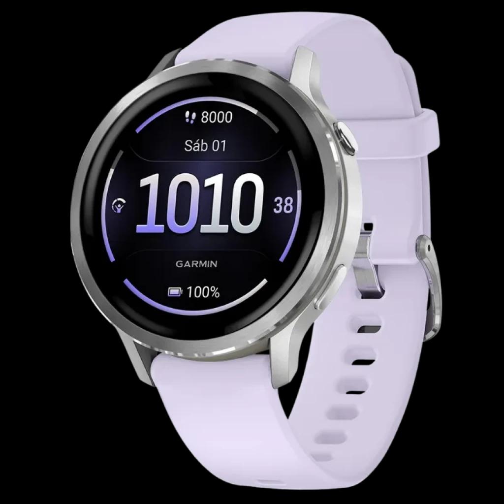 Reloj inteligente Garmin Venu 4 de 41 mm en plata con correa de silicona lila, pantalla circular con indicadores de pasos, fecha y batería de hasta 10 días