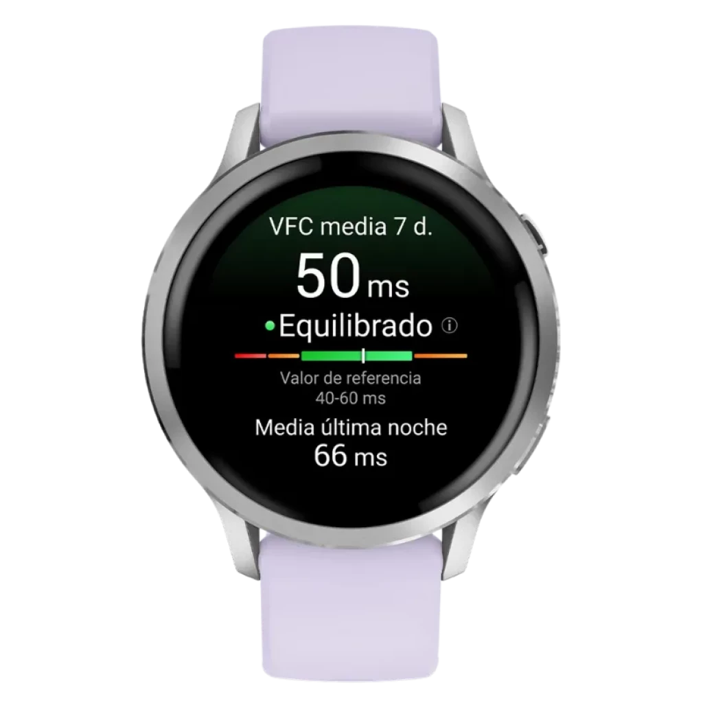 Garmin Venu 4 de 41 mm en plata con correa de silicona lila; pantalla circular con métricas de VFC y anillo de colores; bisel metálico elegante