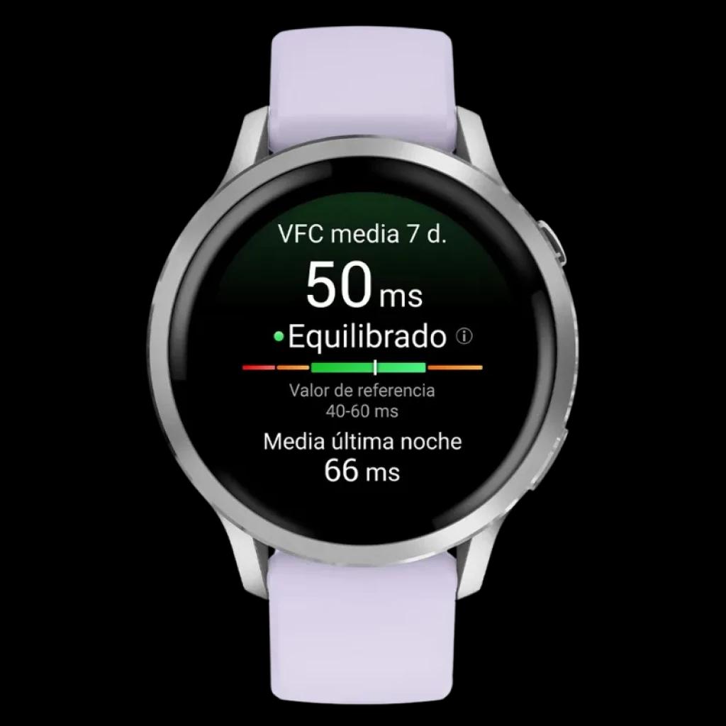 Garmin Venu 4 de 41 mm en plata con correa de silicona lila; pantalla circular con métricas de VFC y anillo de colores; bisel metálico elegante