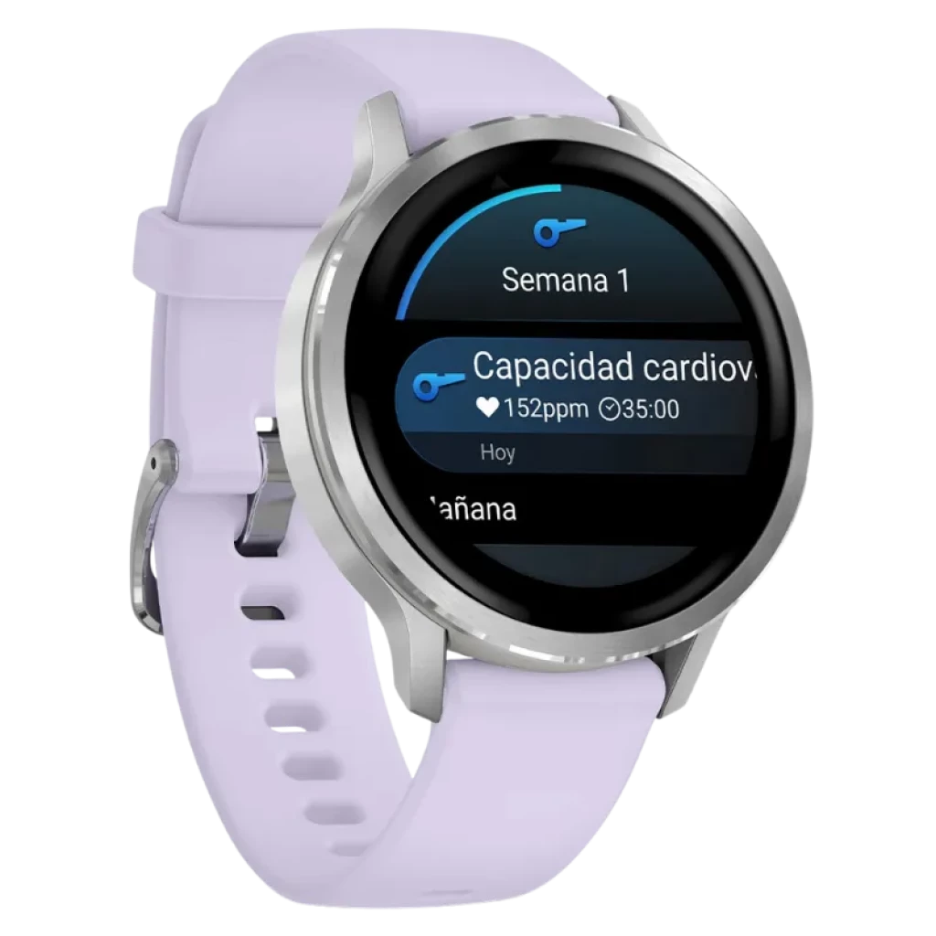 Reloj inteligente Garmin Venu 4 41 mm en plata con correa de silicona lila; pantalla táctil circular, bisel metálico y monitoreo de capacidad cardiovascular