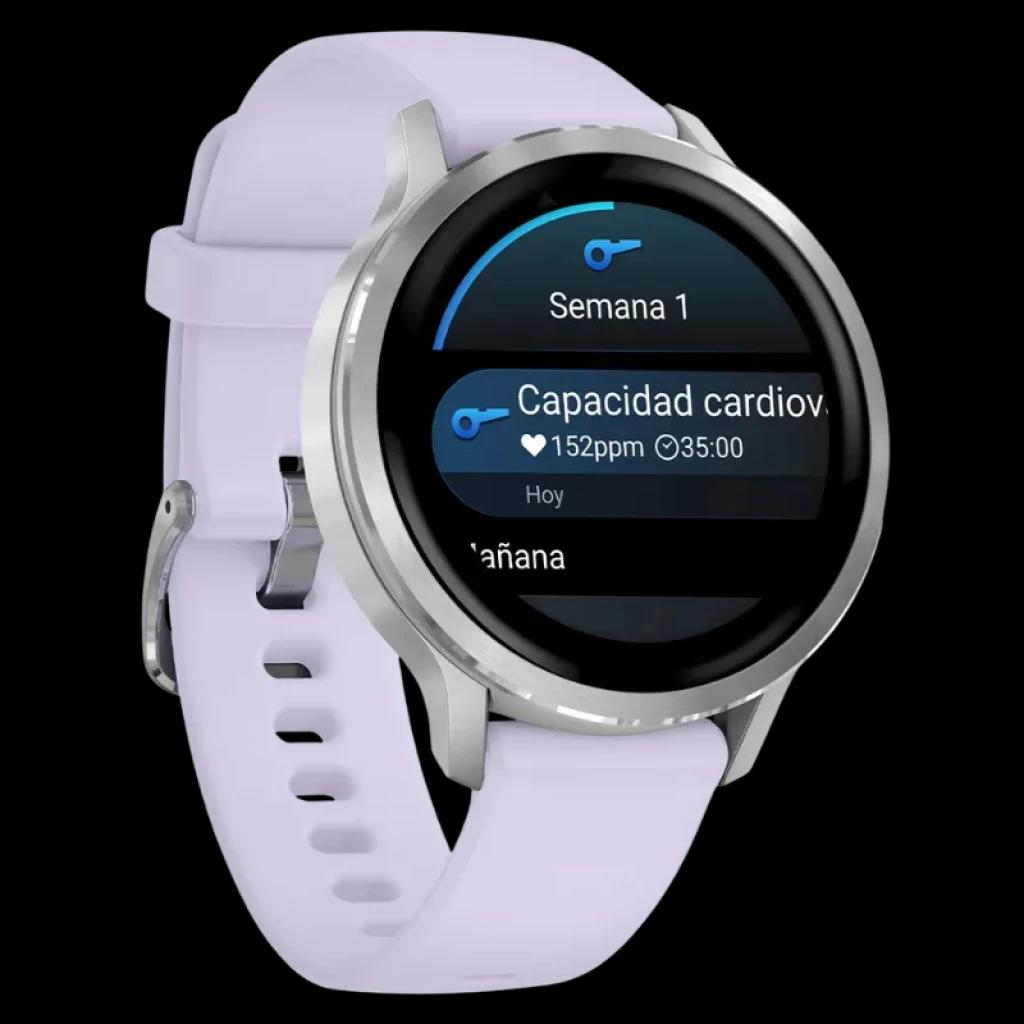 Reloj inteligente Garmin Venu 4 41 mm en plata con correa de silicona lila; pantalla táctil circular, bisel metálico y monitoreo de capacidad cardiovascular
