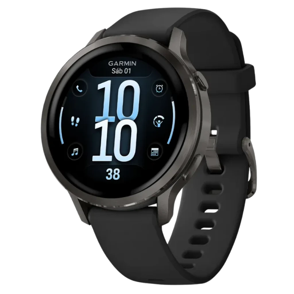 Garmin Venu 4 41 mm negro con correa de silicona negra, pantalla circular tactil, bisel metálico, monitor de frecuencia cardiaca y diseño deportivo elegante
