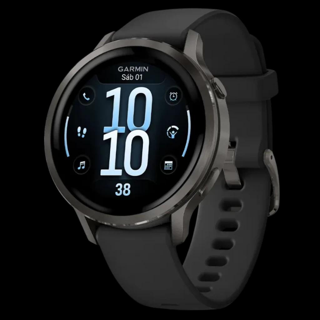 Garmin Venu 4 41 mm negro con correa de silicona negra, pantalla circular tactil, bisel metálico, monitor de frecuencia cardiaca y diseño deportivo elegante