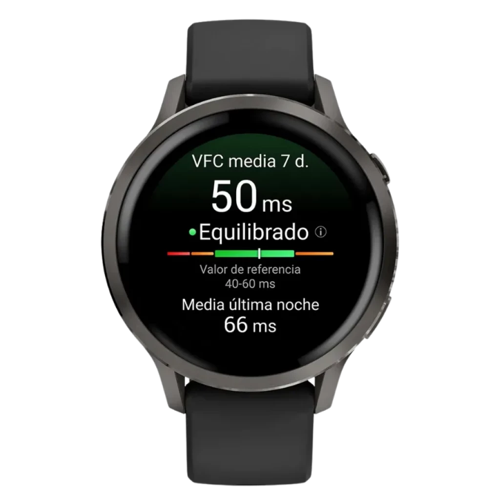 Garmin Venu 4 41 mm negro con correa de silicona negra, pantalla circular AMOLED, bisel metálico oscuro y métricas de frecuencia cardíaca en display