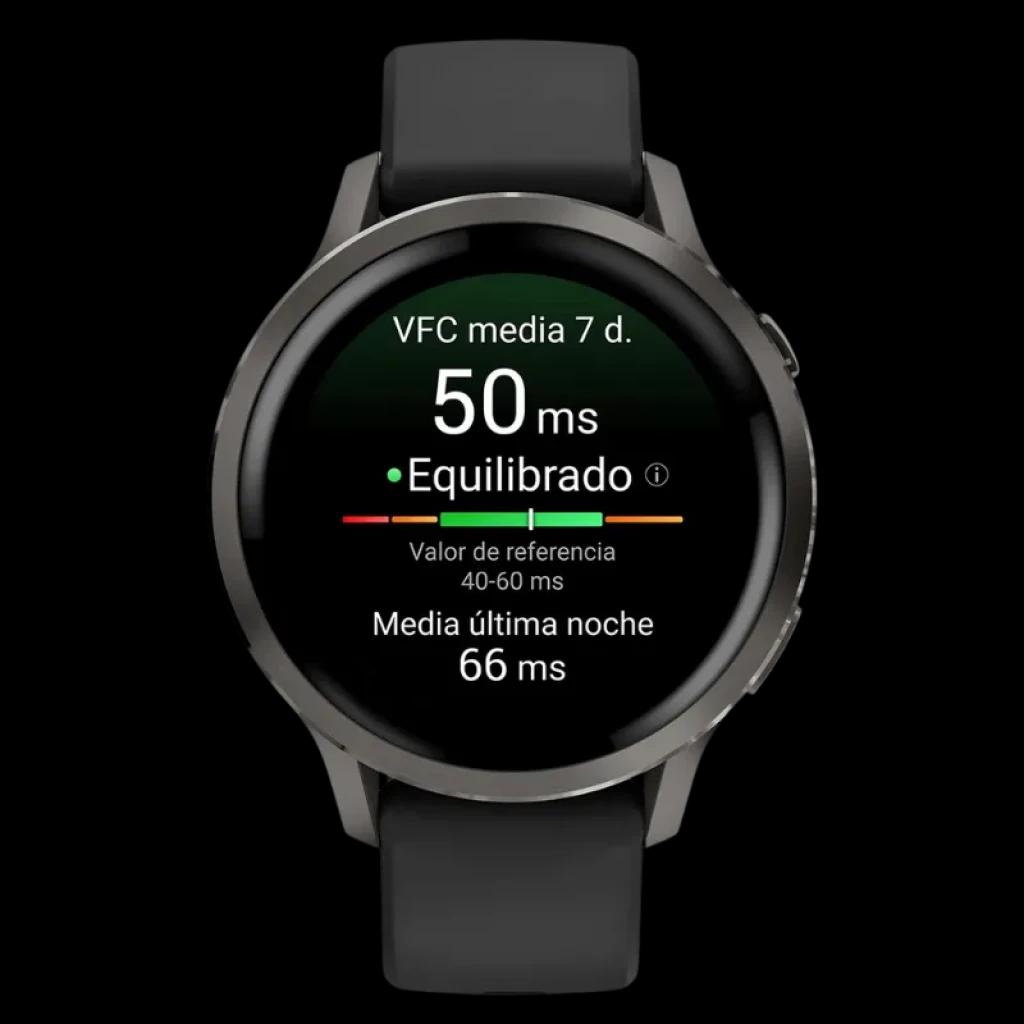 Garmin Venu 4 41 mm negro con correa de silicona negra, pantalla circular AMOLED, bisel metálico oscuro y métricas de frecuencia cardíaca en display