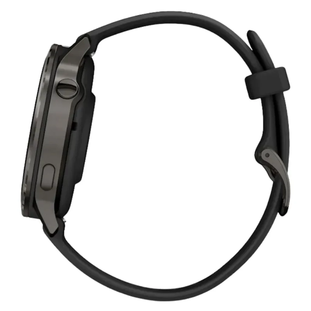 Garmin Venu 4 41 mm en negro con correa de silicona negra, caja redonda y botones laterales; diseño delgado y deportivo, ideal para monitoreo cardíaco