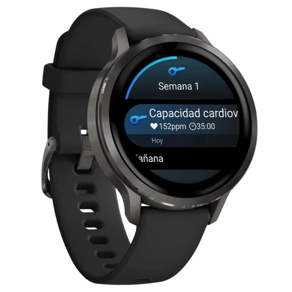 Garmin Venu 4 41 mm negro con caja metálica oscura y correa de silicona negra, pantalla circular AMOLED mostrando monitoreo de frecuencia cardíaca