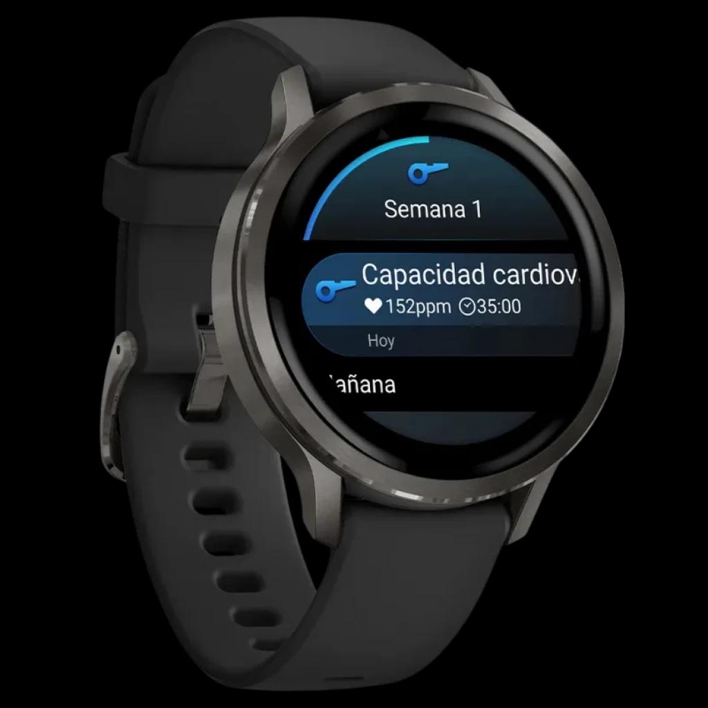 Garmin Venu 4 41 mm negro con caja metálica oscura y correa de silicona negra, pantalla circular AMOLED mostrando monitoreo de frecuencia cardíaca