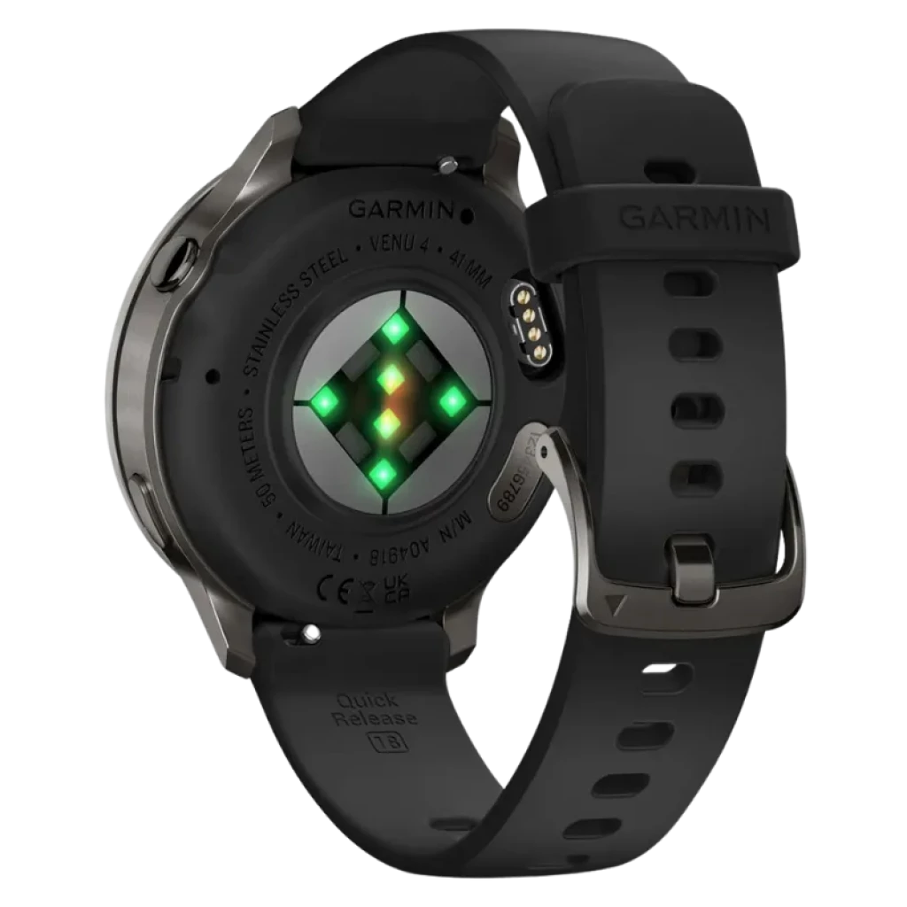 Garmin Venu 4 41 mm negro con correa de silicona negra; vista trasera con sensores ópticos verdes y hebilla metálica, diseño deportivo y resistente