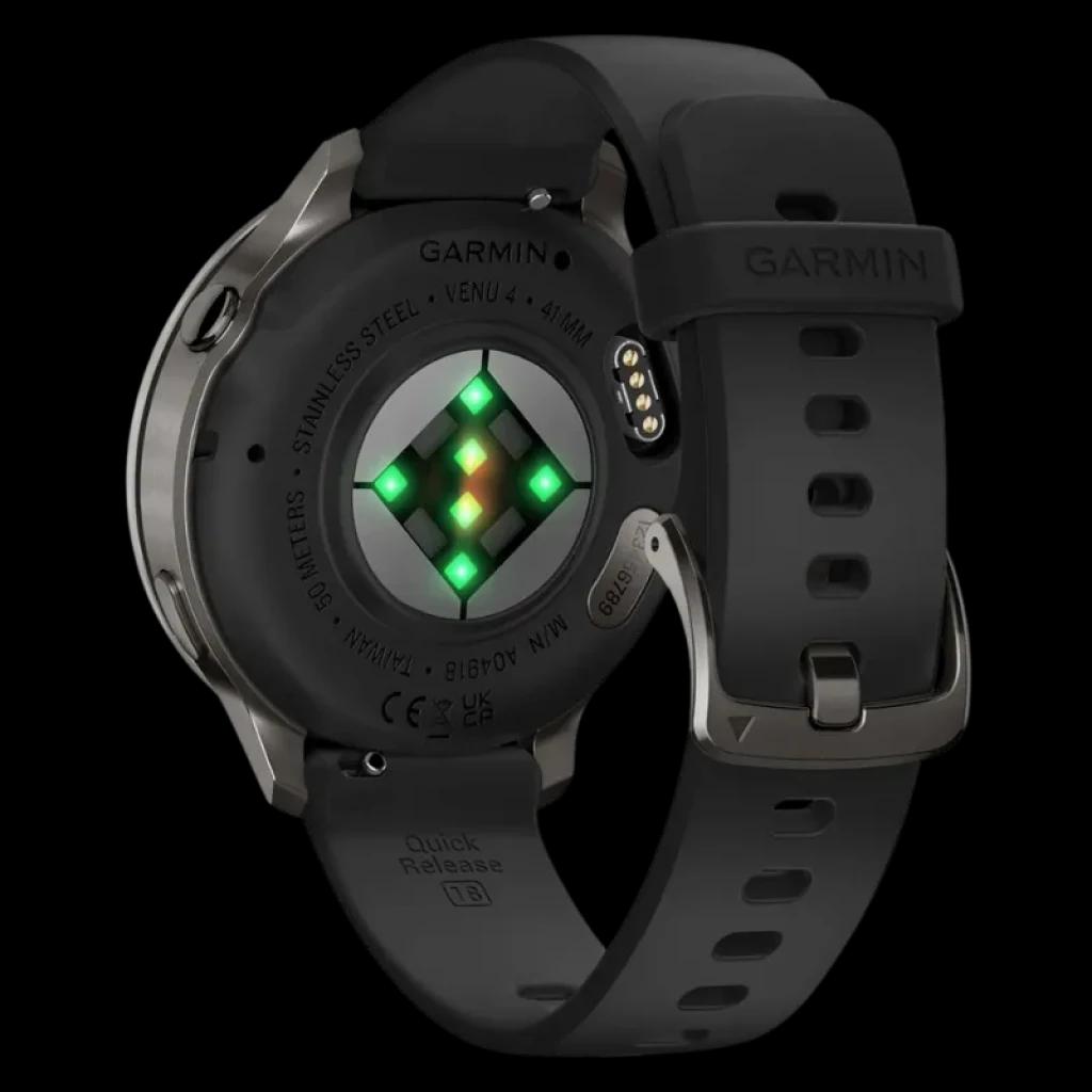 Garmin Venu 4 41 mm negro con correa de silicona negra; vista trasera con sensores ópticos verdes y hebilla metálica, diseño deportivo y resistente
