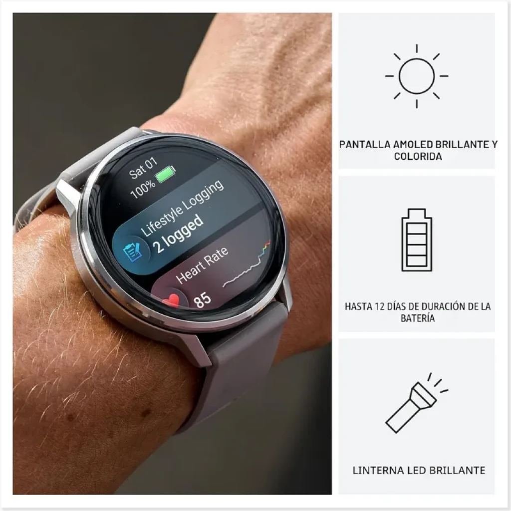 Garmin Venu 4 41 mm negro con correa de silicona negra, pantalla AMOLED brillante, monitor de frecuencia cardíaca, batería hasta 12 días y linterna LED