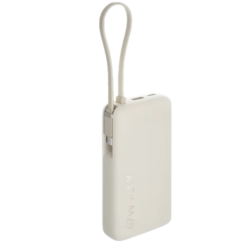 Power bank beige compacto con cable integrado en bucle, capacidad 10000 mAh, carga rápida 67W y display numérico para nivel de batería