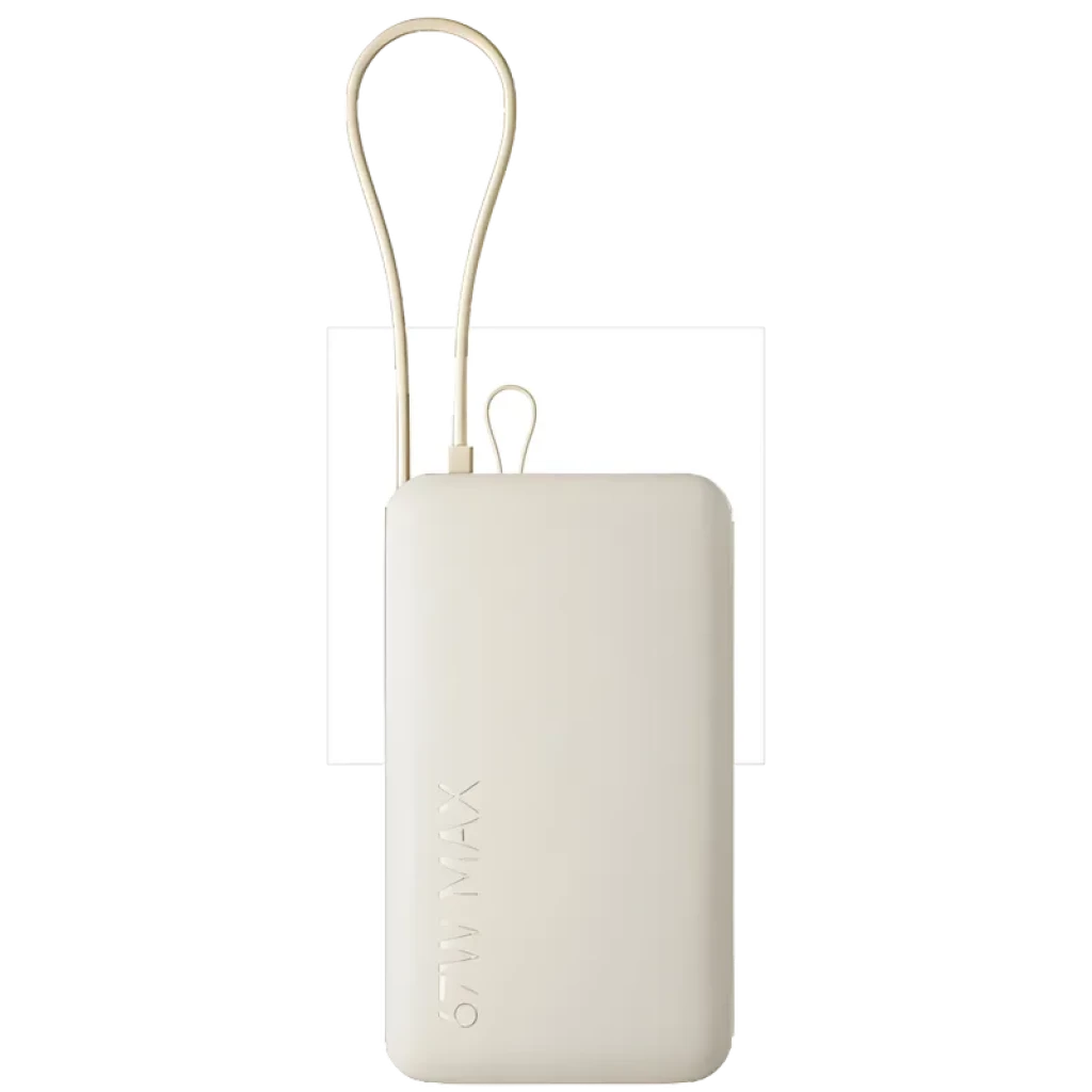Power bank beige compacto con cable integrado tipo loop, capacidad 10000 mAh, carga 67W y display numérico frontal; acabado liso con logo lateral Xiaomi