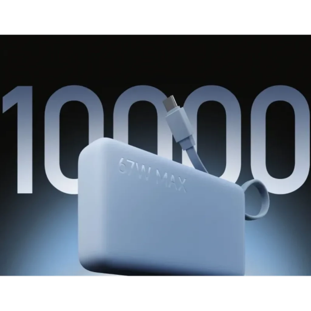 Power bank beige compacto de 10000 mAh, 67W MAX, cable USB-C integrado y display numérico; diseño minimalista con correa lateral para portabilidad