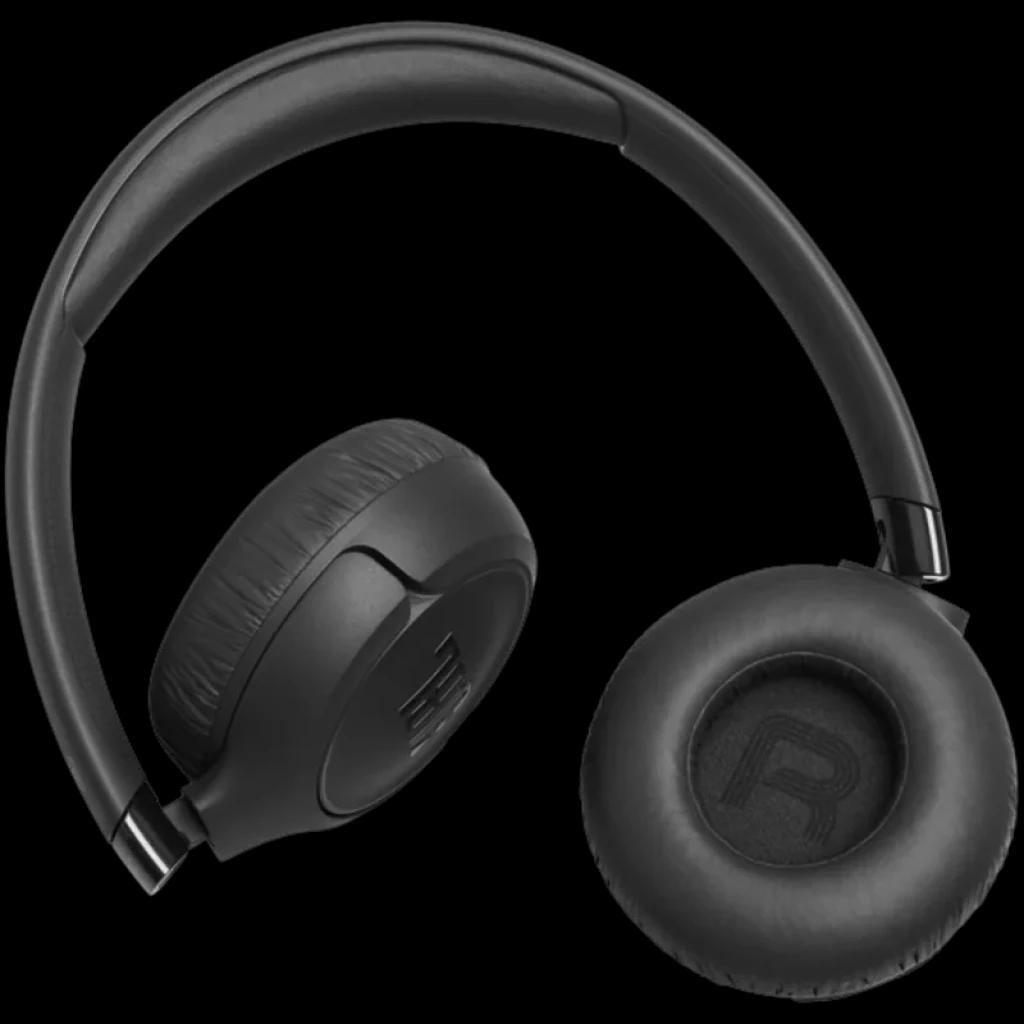 JBL Tune 680NC Noir, casque supra-auriculaire pliable, coussinets rembourrés L/R visibles, arceau mat, design fermé, boutons intégrés, style épuré