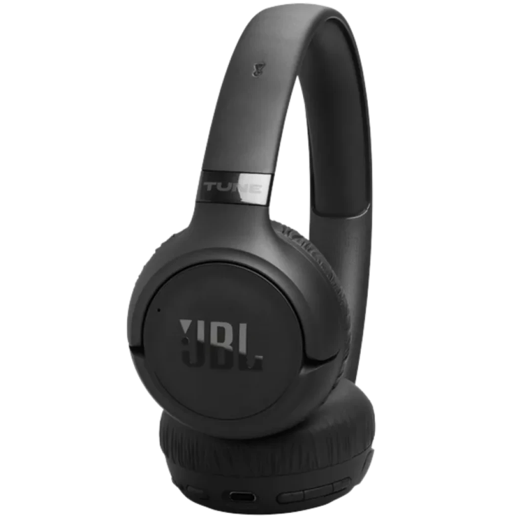JBL Tune 680NC Noir, casque supra-auriculaire sans fil mat, arceau rembourré, coques pivotantes avec logo JBL, ports et boutons discrets, design épuré