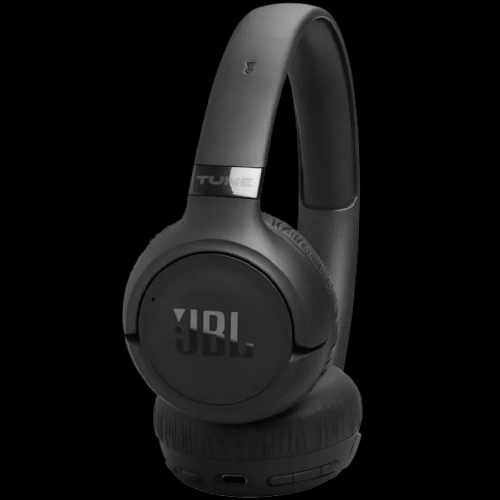 JBL Tune 680NC Noir, casque supra-auriculaire sans fil mat, arceau rembourré, coques pivotantes avec logo JBL, ports et boutons discrets, design épuré